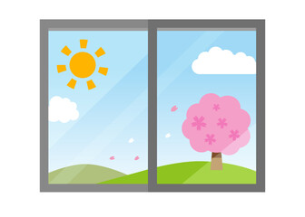 Fototapeta premium This is an illustration of a view featuring cherry blossoms and a window.