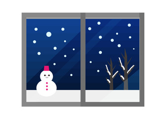 Fototapeta premium This is an illustration of a snowman and a winter window scene.