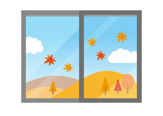 Fototapeta premium This is an illustration of autumn foliage viewed through a window.