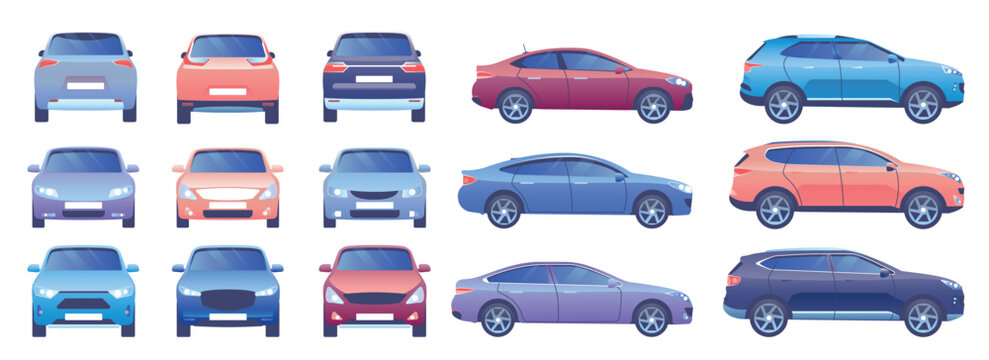 Set of modern cars shown from front, rear, and side angles in various colors, ideal for automotive design, transport, and vehicle concepts, isolated on white background vector illustration