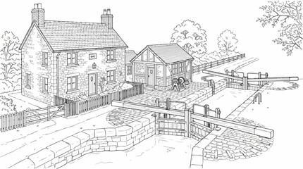 Fototapeta premium Vintage English Canal Lock and Cottage Coloring Page Illustration