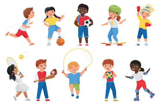 Vector children enjoying different sports activities including soccer, basketball, tennis, boxing, skateboarding, baseball, skipping, volleyball, and roller skating, showing healthy lifestyle