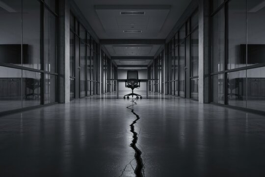 Office chair at desk in dark corridor