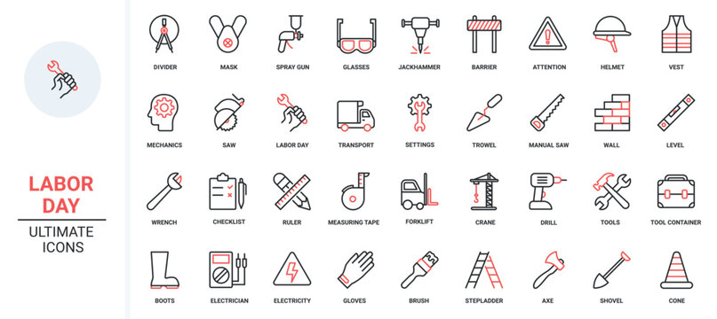 Paint brush and wrench, saw and shovel from mechanical repair toolbox, construction crane and drill, road barrier. Workers tools in industry trendy red black thin line icons set vector illustration.