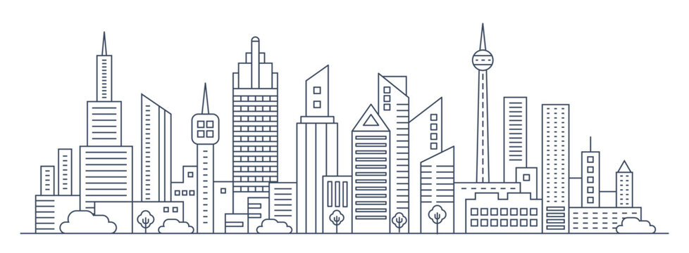 Urban cityscape with modern skyscrapers, office buildings, and towers in a clean linear style, ideal for architecture and business themes, isolated on white background vector illustration