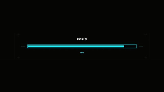 Cyan neon loading bar reaches 100 percent. Glowing progress fills on black background. A futuristic loading bar animation.