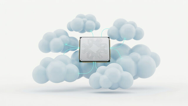 Modern illustration of a computer chip connected to cloud network symbols representing cloud computing technology