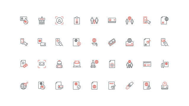 Immigration, work permit, visa approval process and status line icon set. Legal documents for family in foreign country travel, students study thin black and red outline symbols vector illustration