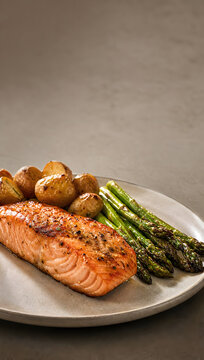 Grilled Salmon Steak with Asparagus and Fresh Vegetables on a Plate for Healthy Gourmet Dinner, Nutritious Seafood Meal, and Delicious Grilled Cuisine