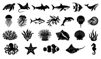 Obraz premium Black Underwater Ocean Animals Coral Reef Turtle Crab Jellyfish Vector Icons