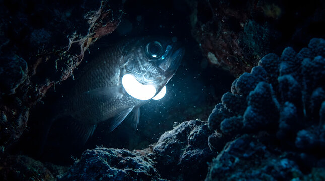 Bioluminescent flashlight fish illuminating dark reef crevice underwater