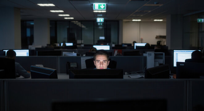 A focused young professional sits intently at a modern office cubicle workspace surrounded by dimly lit computer monitors in a bustling open-plan business environment evoking concentration.
