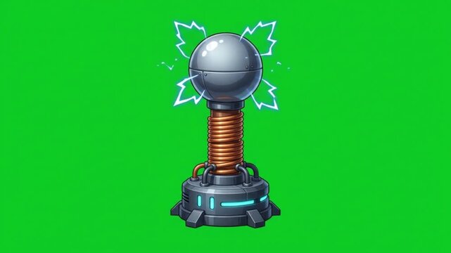 Tesla coil generating high voltage electrical sparks isolated on green screen background
