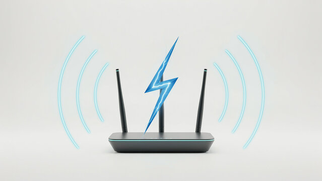 Modern wireless router device emitting signal waves with lightning bolt graphic illustration