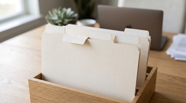 Manila folders in a wooden organizer on a desk