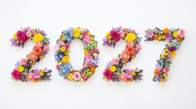 Soft pastel flowers outline the year 2027 laid flat on a white surface. Gentle floral date, romantic spring typography, invitation header