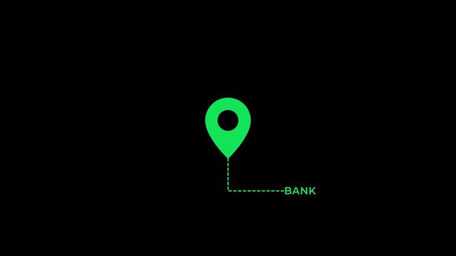 bank map label animation with location pin icon financial address marker gps navigation pointer outline graphic element seamless looping video asset 4k