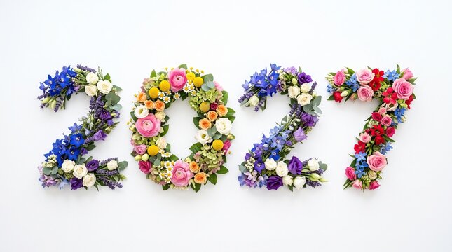 The number 2027 made of vibrant multicolor flowers against a white surface. Creative floral numbers, colorful date design, seasonal celebration