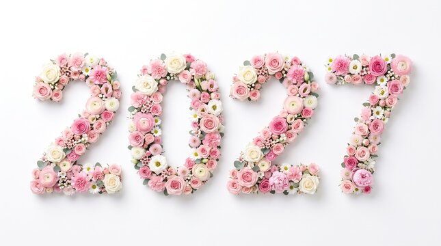 The year 2027 is formed by soft pink roses and white flowers on a clean background. New Year floral typography, spring date, romantic greeting