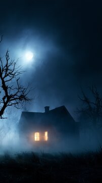 Mysterious house illuminated by moonlight in eerie night landscape