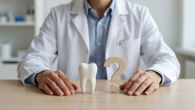 Dentist with tooth model and question mark at desk in clinic, dental consultation and oral health choice