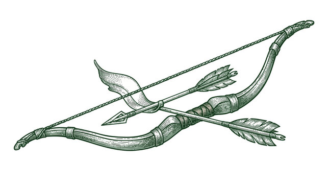 Archery bow weapon illustration depicts traditional recurve bow with arrows and ribbon.