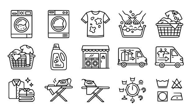 Quality Laundry Line Icon Collection Featuring Washing Machine, Dryer, Stained Shirt, Hand Washing, Laundromat, Laundry Delivery, and Clothing Care