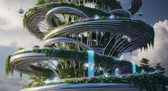 Futuristic modern round building with green plants and glowing blue lights in a sci-fi city
