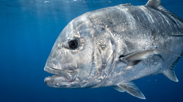 Giant trevally jack fish swimming in clear blue ocean water