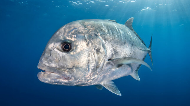 Large giant trevally swimming through clear tropical ocean water
