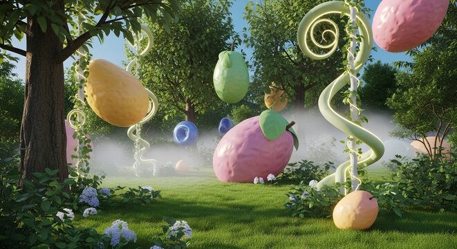Colorful easter eggs hanging in a beautiful sunny green spring garden with lush trees and grass