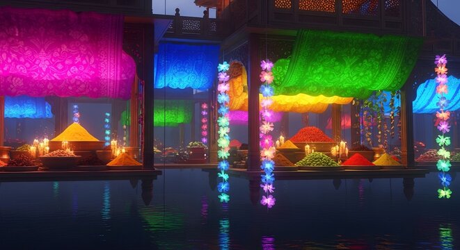 Bright neon lights glowing in the dark night at a festive city street festival celebration event