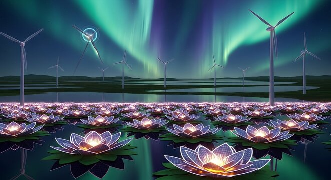 Glowing lotus flowers floating on dark water under a vibrant green aurora borealis night sky