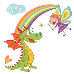 Naklejka premium Friendly green dragon and cheerful fairy with a rainbow and magic wand, fantasy scene of friendship and wonder, cute children's illustration.
