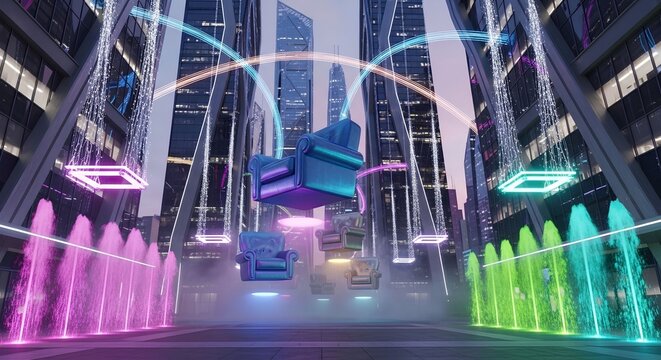 Futuristic city street with glowing neon lights and high tech buildings at night in purple blue