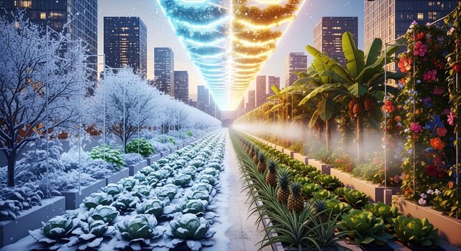 Futuristic city street with vertical gardens and lush green plants in a modern urban environment