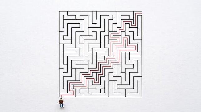 Person standing at the entrance of a black and white maze