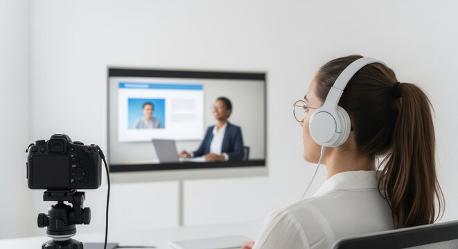 A professional woman wearing over-ear headphones listens intently to a virtual meeting or online interview displayed on a large screen in a modern office, with a DSLR camera mounted on a tripod.