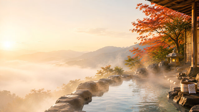 雪見ではない山間の露天温泉と紅葉、朝霧のある日本の温泉旅行背景 | Japanese Outdoor Onsen with Autumn Mountains and Copy Space