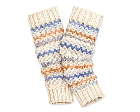 A pair of knit arm warmers is shown. The warmers have a pattern with multiple colors, including orange, blue, and cream. They are placed on a plain white surface