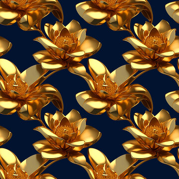 Seamless pattern with 3D golden lotus flowers on a dark blue background