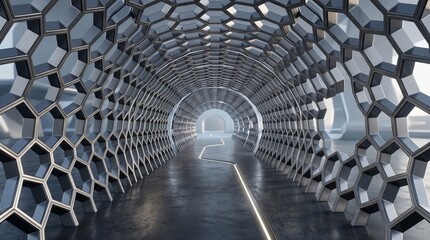 Naklejka premium Futuristic metallic hexagon tunnel with glowing light and modern architectural design