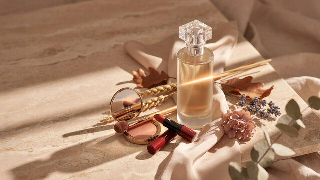 Beauty Products with Autumn Still Life and Luxury Cosmetics