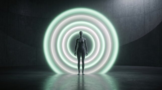 scene of a stylized human silhouette surrounded by concentric rings of soft glowing light