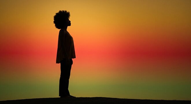 Silhouette of Black Woman with Afro Hair on Pan-African Sunset Sky