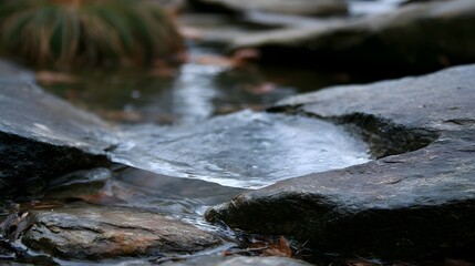 Obraz premium A thin layer of ice covers a shallow stream flowing over dark rocks with blurred greenery in the background