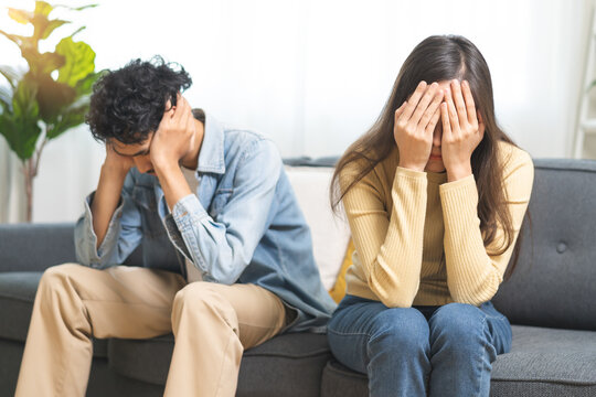 Breakup and depressed, asian young quarrel couple love fight relationship in trouble. Different people are emotion angry. Argue wife has expression upset with husband. Problem of family people.