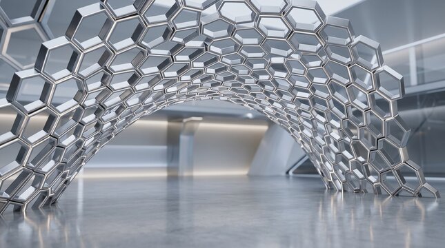 Metallic hexagon arch pavilion with futuristic architectural design and geometric structure.