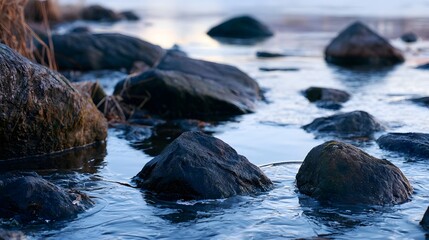 Obraz premium Rocks emerge from calm water under soft light creating a tranquil natural scene with textured surfaces and gentle ripples