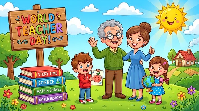Happy family celebrating world teacher day with books